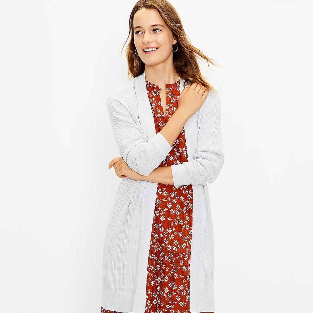 Loft Cardigan Sweater Duster Longline Open Front Long Sleeve Ribbed Gray Cozy SP